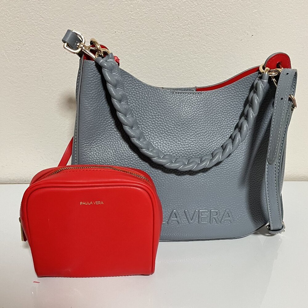 CROSSBODY BLUE LEATHER HANDBAG w/RED INNER COIN PURSE By PAULA VERA/Preowned